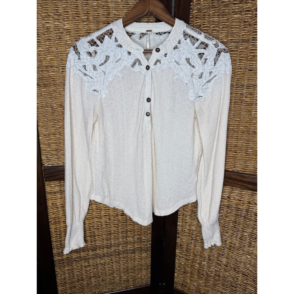 Free People Easy Breezy Henley Cream Lace Smocked Cuff M Boho Fall Preppy